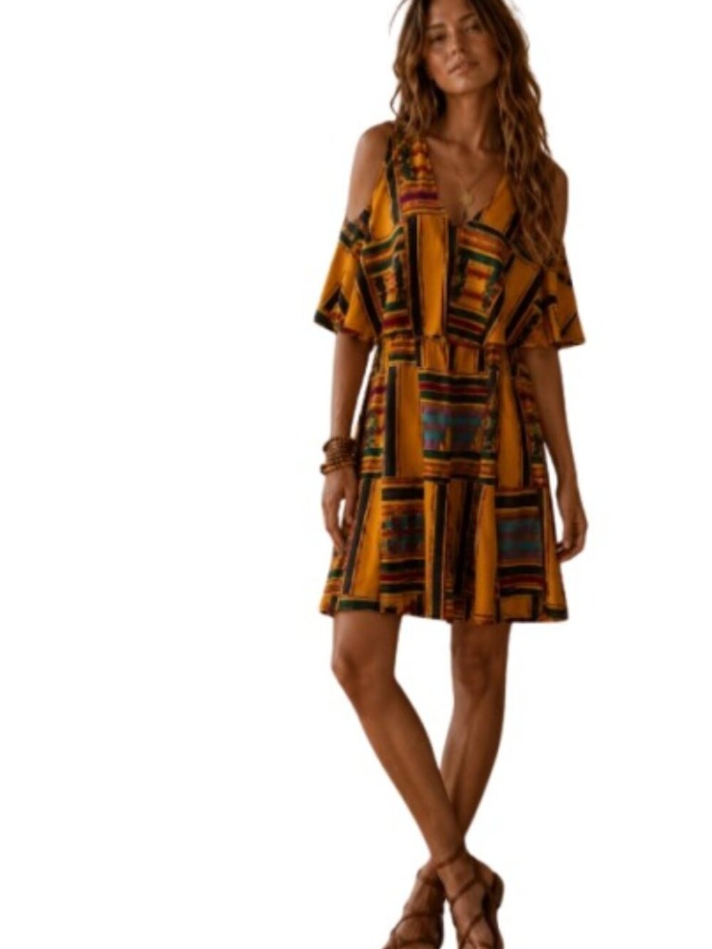 Vintage Phemes Womens Cold Shoulder Romper Golden Yellow Stripe Boho Festival 14